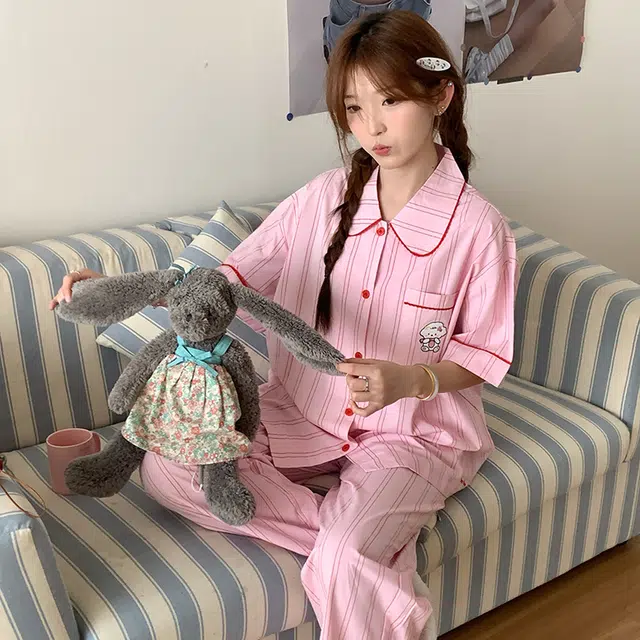 侘町 咩咩羊卡通条纹柔软透气亲肤睡衣礼盒 女款 粉色