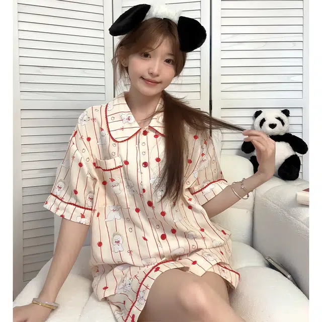 侘町 条纹卡通柔软透气亲肤睡衣套装 女款 图片色