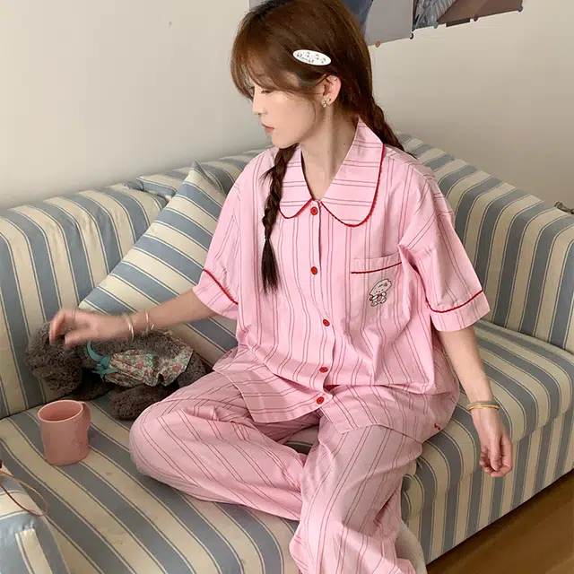 侘町 咩咩羊卡通条纹柔软透气亲肤睡衣礼盒 女款 粉色