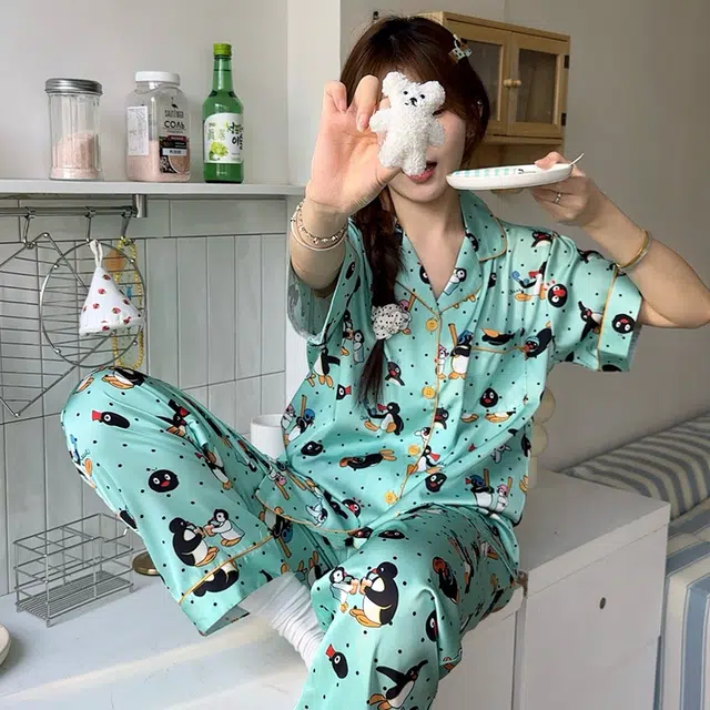 侘町 薄荷曼波卡通丝滑柔软透气亲肤睡衣礼盒 女款 绿色
