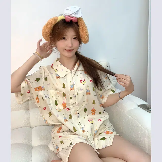 侘町 森林动物乐园卡通柔软透气亲肤棉纱睡衣套装 女款 图片色