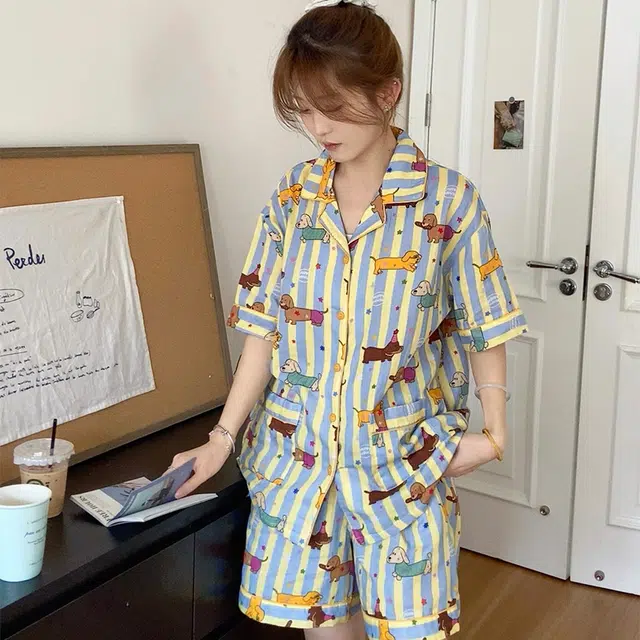 侘町 腊肠狗纯棉棉纱卡通柔软透气亲肤睡衣礼盒 女款 图片色