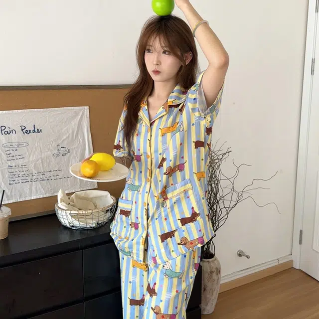 侘町 腊肠狗纯棉柔软亲肤透气睡衣套装 女款 图片色