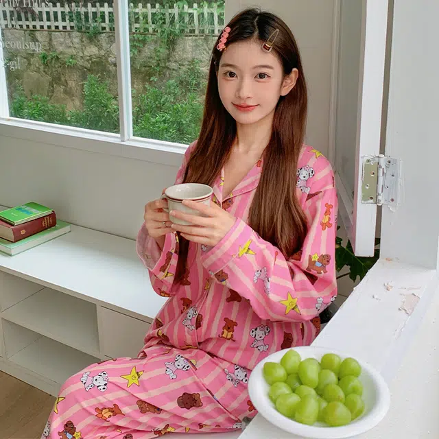 侘町 星星狗纯棉柔软透气亲肤睡衣套装 女款 粉色