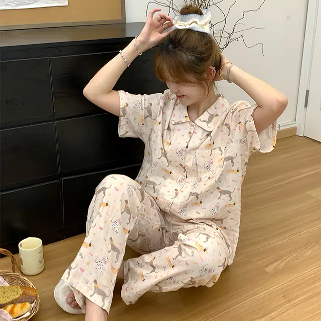 侘町 蝴蝶结腊肠狗纯棉柔软透气亲肤睡衣套装 女款 图片色