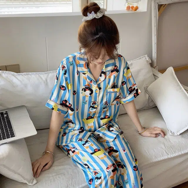 侘町 游泳圈卡通丝滑柔软透气亲肤睡衣礼盒 女款 蓝白色
