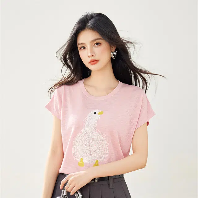 莫代尔 卡通刺绣冰丝薄款短袖凉感针织衫 女款 粉色