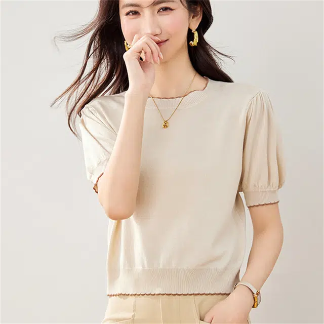 莫代尔 小香风甜美日系短款短袖上衣女针织衫 女款