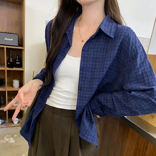 莫代尔 法式复古慵懒风松弛感宽松百搭格子衬衣长袖衬衫 女款 蓝色
