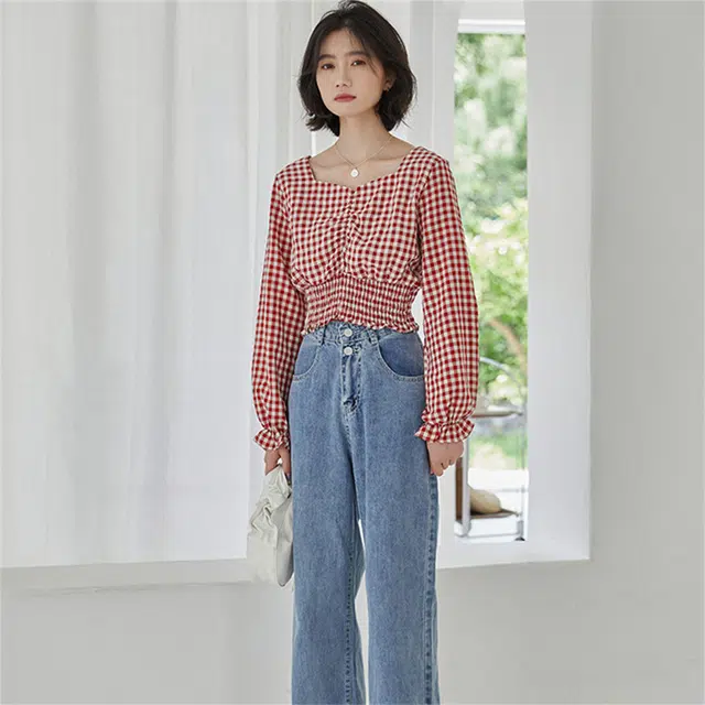 莫代尔 复古少女修身方领短款长袖衬衫 女款 红格子