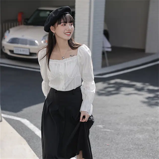 莫代尔 设计感小众气质别致上衣港味方领泡泡袖衬衫 女款 白色