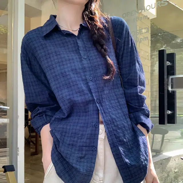 莫代尔 法式复古慵懒风松弛感宽松百搭格子衬衣长袖衬衫 女款 蓝色