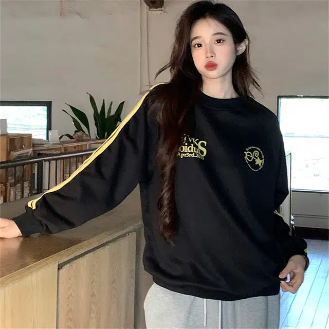 莫代尔 情侣装薄款潮流宽松设计感条纹圆领韩版上衣卫衣 男女同款 黑色