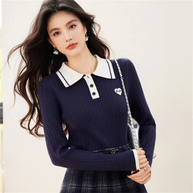 莫代尔 韩版时尚学院风通勤百搭修身显瘦毛织上衣针织衫 女款 藏蓝色