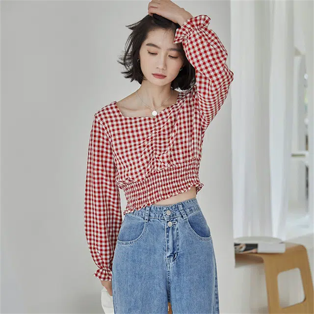 莫代尔 复古少女修身方领短款长袖衬衫 女款 红格子