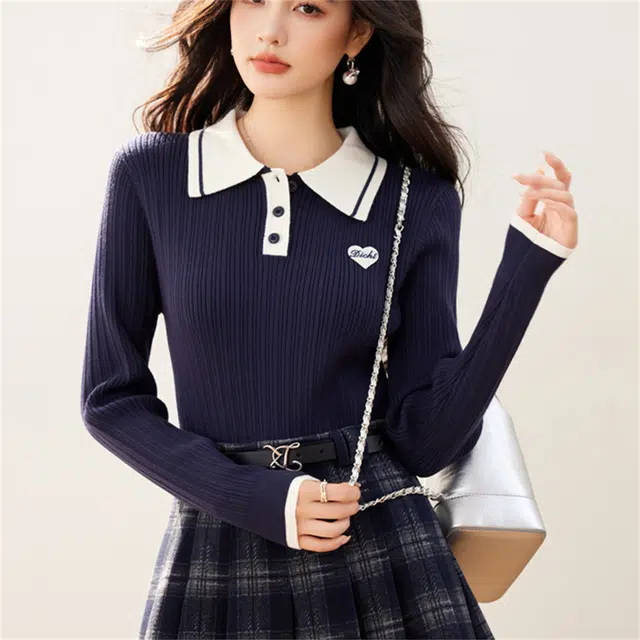 莫代尔 韩版时尚学院风通勤百搭修身显瘦毛织上衣针织衫 女款 藏蓝色
