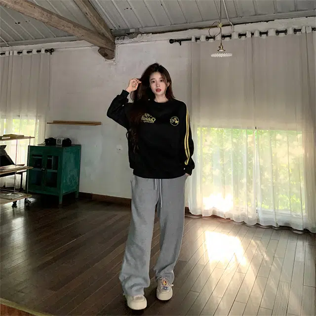 莫代尔 情侣装薄款潮流宽松设计感条纹圆领韩版上衣卫衣 男女同款 黑色