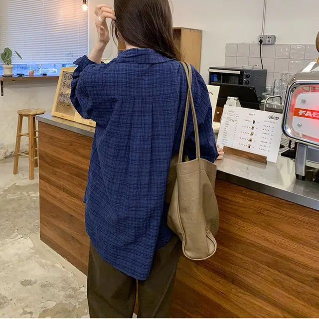 莫代尔 法式复古慵懒风松弛感宽松百搭格子衬衣长袖衬衫 女款 蓝色