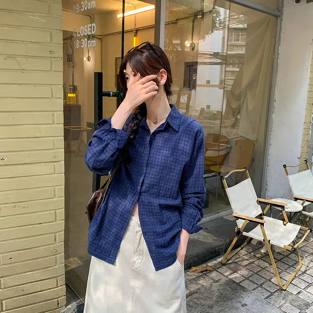 莫代尔 法式复古慵懒风松弛感宽松百搭格子衬衣长袖衬衫 女款 蓝色