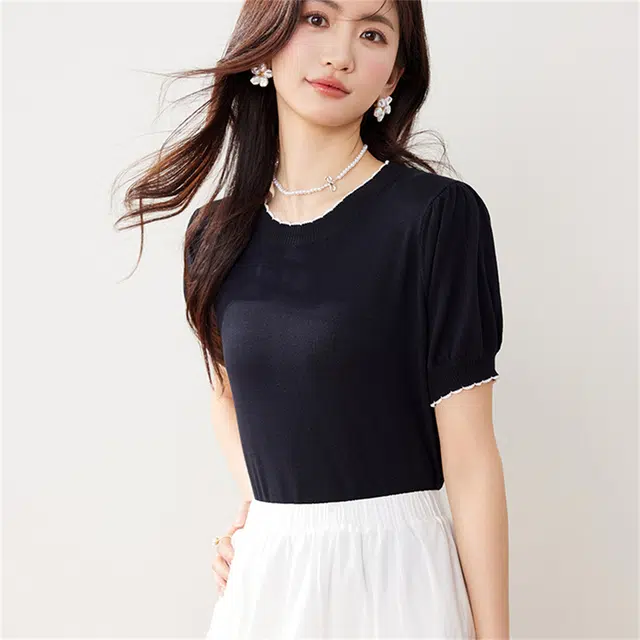 莫代尔 小香风甜美日系短款短袖上衣女针织衫 女款