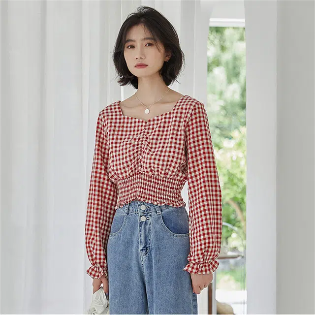莫代尔 复古少女修身方领短款长袖衬衫 女款 红格子