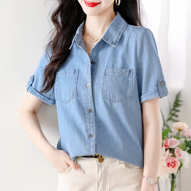 莫代尔 简约单排扣百搭翻领宽松短袖衬衫 女款 蓝色
