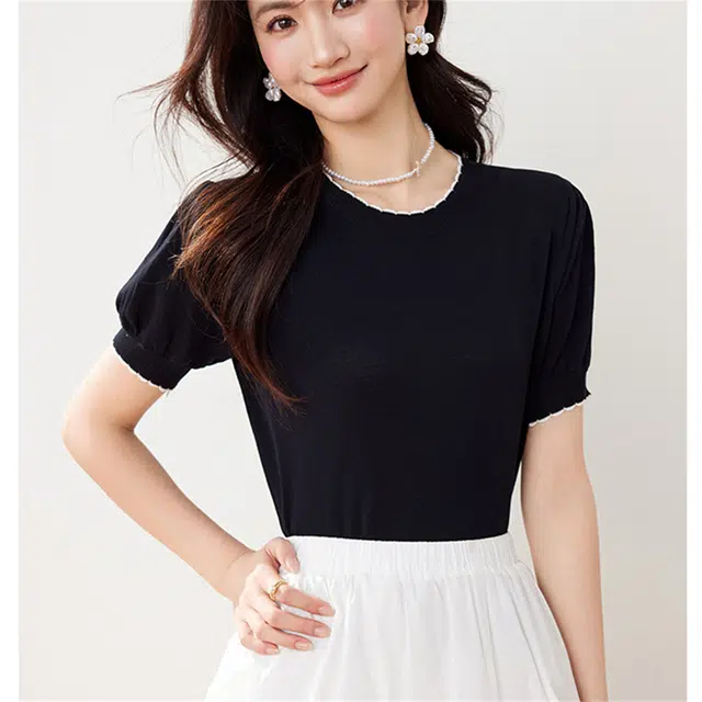 莫代尔 小香风甜美日系短款短袖上衣女针织衫 女款