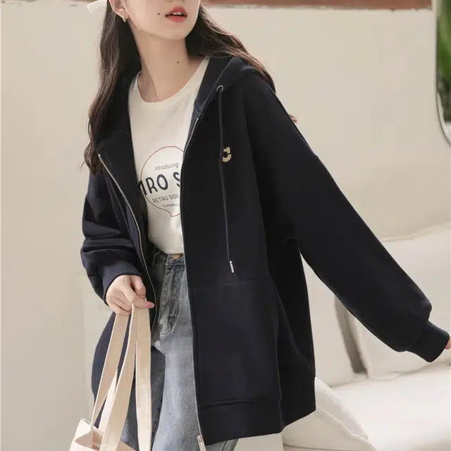 莫代尔 字母刺绣连帽宽松拉链开衫长袖卫衣 女款 黑色