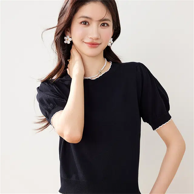 莫代尔 小香风甜美日系短款短袖上衣女针织衫 女款