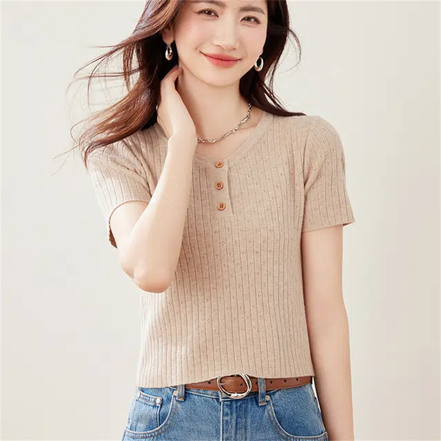 莫代尔 短袖短款圆领韩版半开领纯色套头小款女针织衫 女款