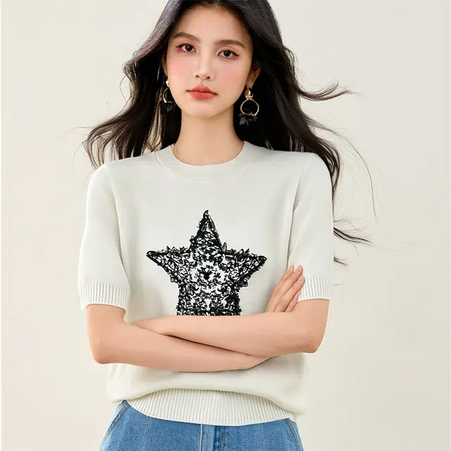 莫代尔 五角星刺绣短袖时尚白色上衣针织衫 女款