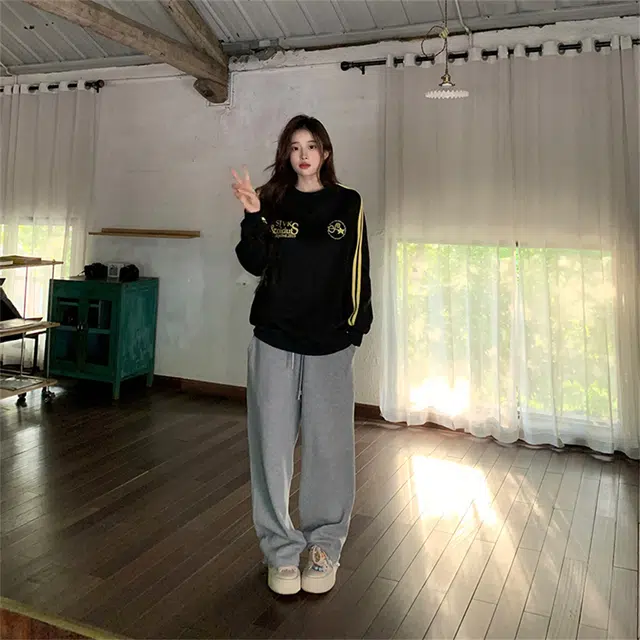 莫代尔 情侣装薄款潮流宽松设计感条纹圆领韩版上衣卫衣 男女同款 黑色