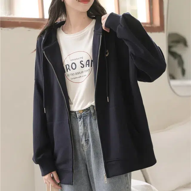 莫代尔 字母刺绣连帽宽松拉链开衫长袖卫衣 女款 黑色