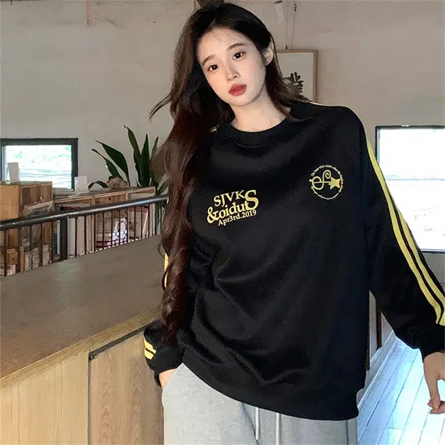 莫代尔 情侣装薄款潮流宽松设计感条纹圆领韩版上衣卫衣 男女同款 黑色