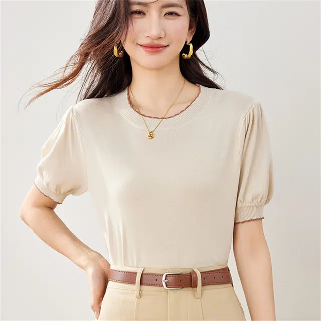 莫代尔 小香风甜美日系短款短袖上衣女针织衫 女款