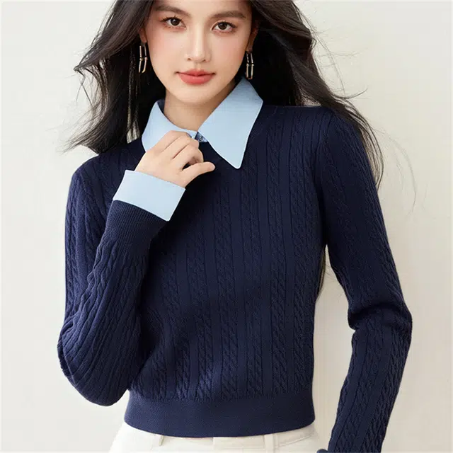 莫代尔 复古学院风绞花衬衫领针织衫 女款 藏青色