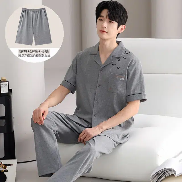细舍 舒适大码短袖上衣简约透气短裤家居服可外穿长裤睡衣套装 男款 标准色