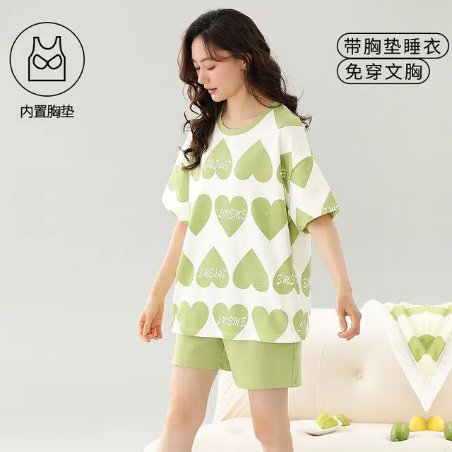 细舍 圆领舒适自带胸垫短袖上衣家居服三分裤夏季睡衣套装 女款 浅绿色