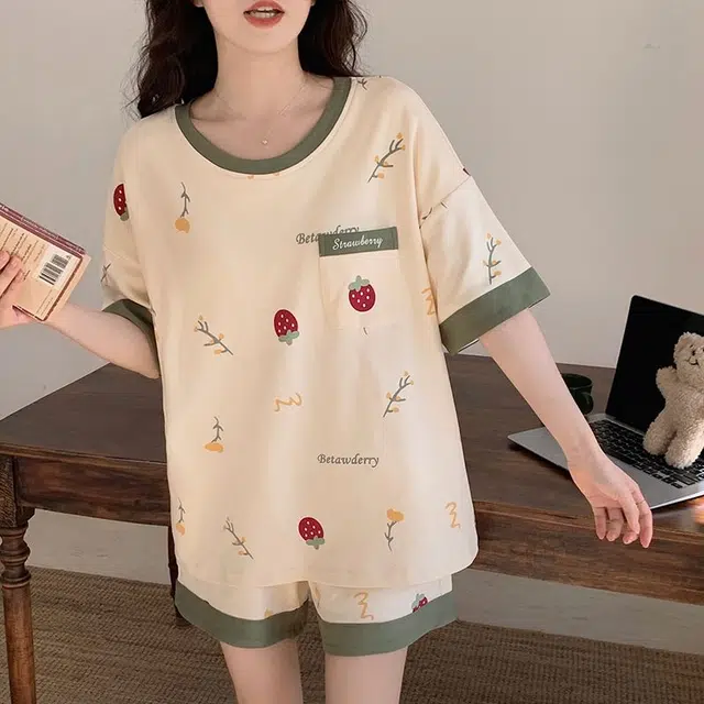细舍 带胸垫一体可外穿短袖短裤家居服睡衣套装 女款