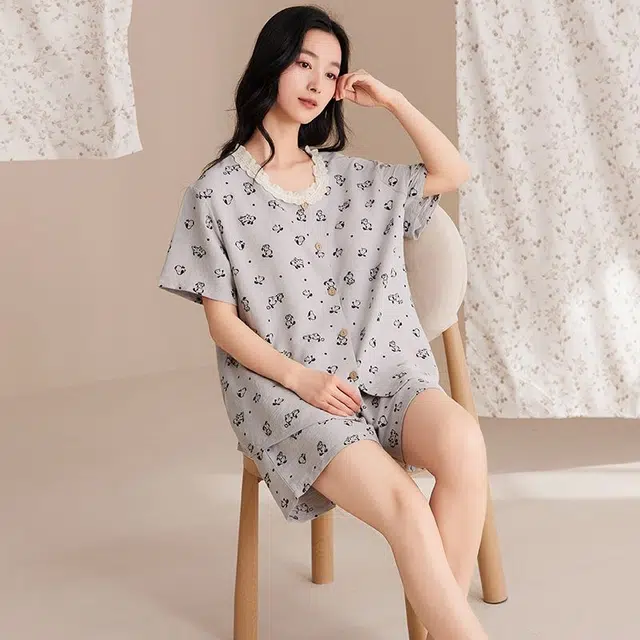 细舍 开衫短袖两件套甜美休闲家居服三分裤夏季睡衣套装 女款