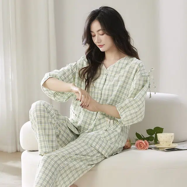细舍 纯棉无感亲肤家居服七分袖长裤睡衣套装 女款