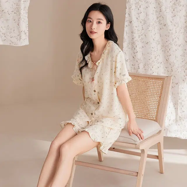 细舍 开衫短袖甜美简约休闲家居服三分裤夏季睡衣套装 女款