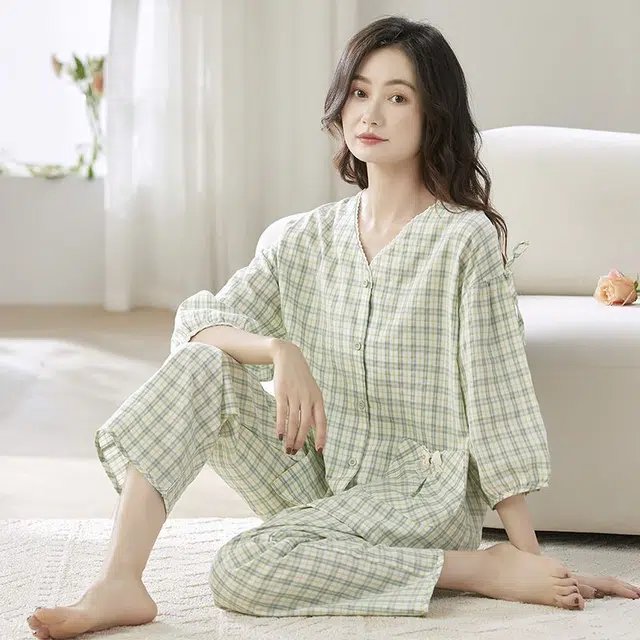 细舍 纯棉无感亲肤家居服七分袖长裤睡衣套装 女款