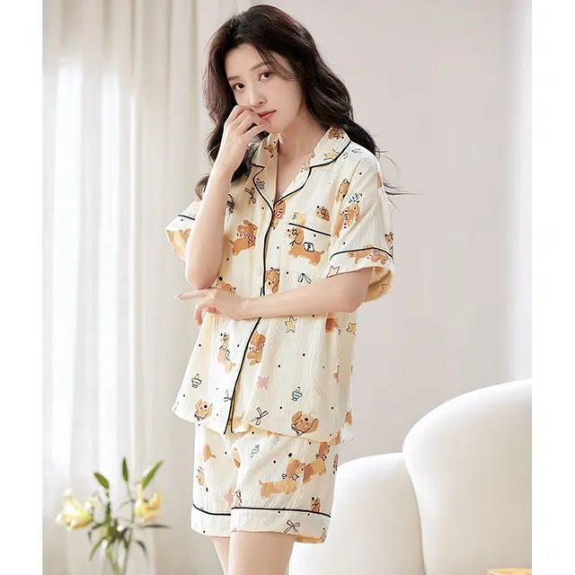 细舍 薄款甜美短袖可爱开衫带胸垫睡衣套装 女款 浅卡其