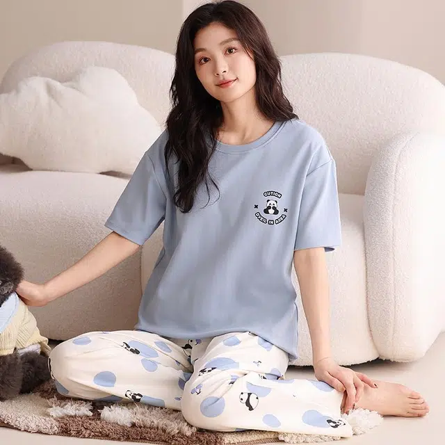 细舍 短袖长裤薄款可外穿休闲可爱卡通家居服睡衣套装 女款