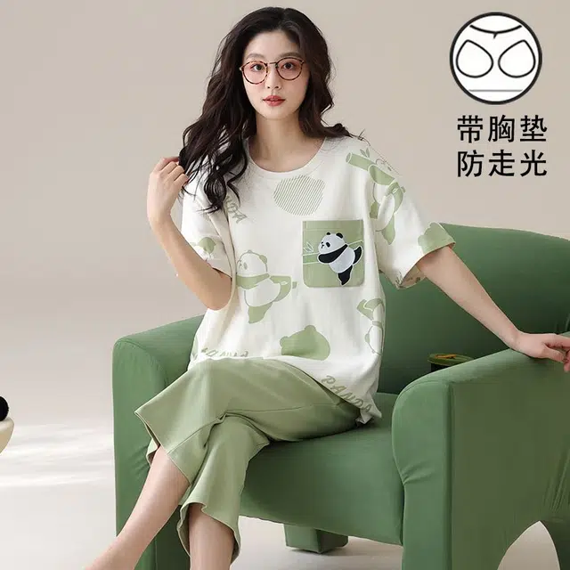 细舍 自带胸垫一体可外穿清新卡通短袖七分裤家居服睡衣套装 女款 浅绿色