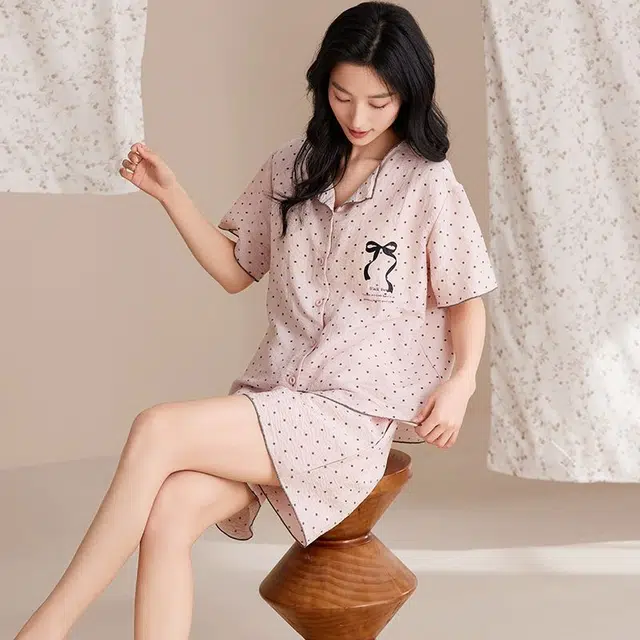 细舍 短袖甜美休闲家居服三分裤夏季睡衣套装 女款