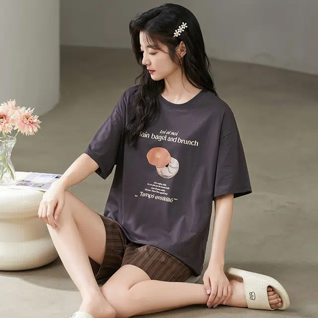 细舍 短袖短裤时尚简约家居服薄款可外穿睡衣套装 女款