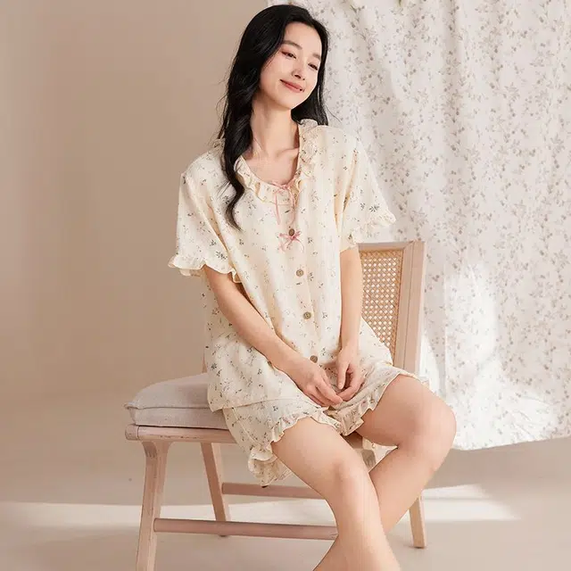 细舍 开衫短袖甜美简约休闲家居服三分裤夏季睡衣套装 女款