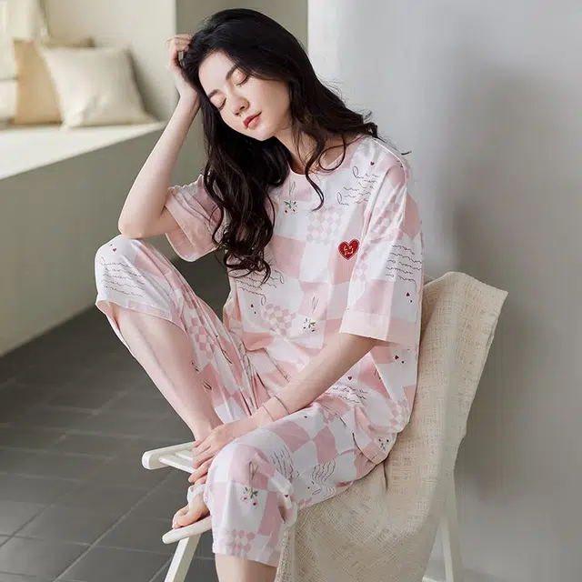 细舍 短袖七分裤甜美时尚舒适家居服睡衣套装 女款